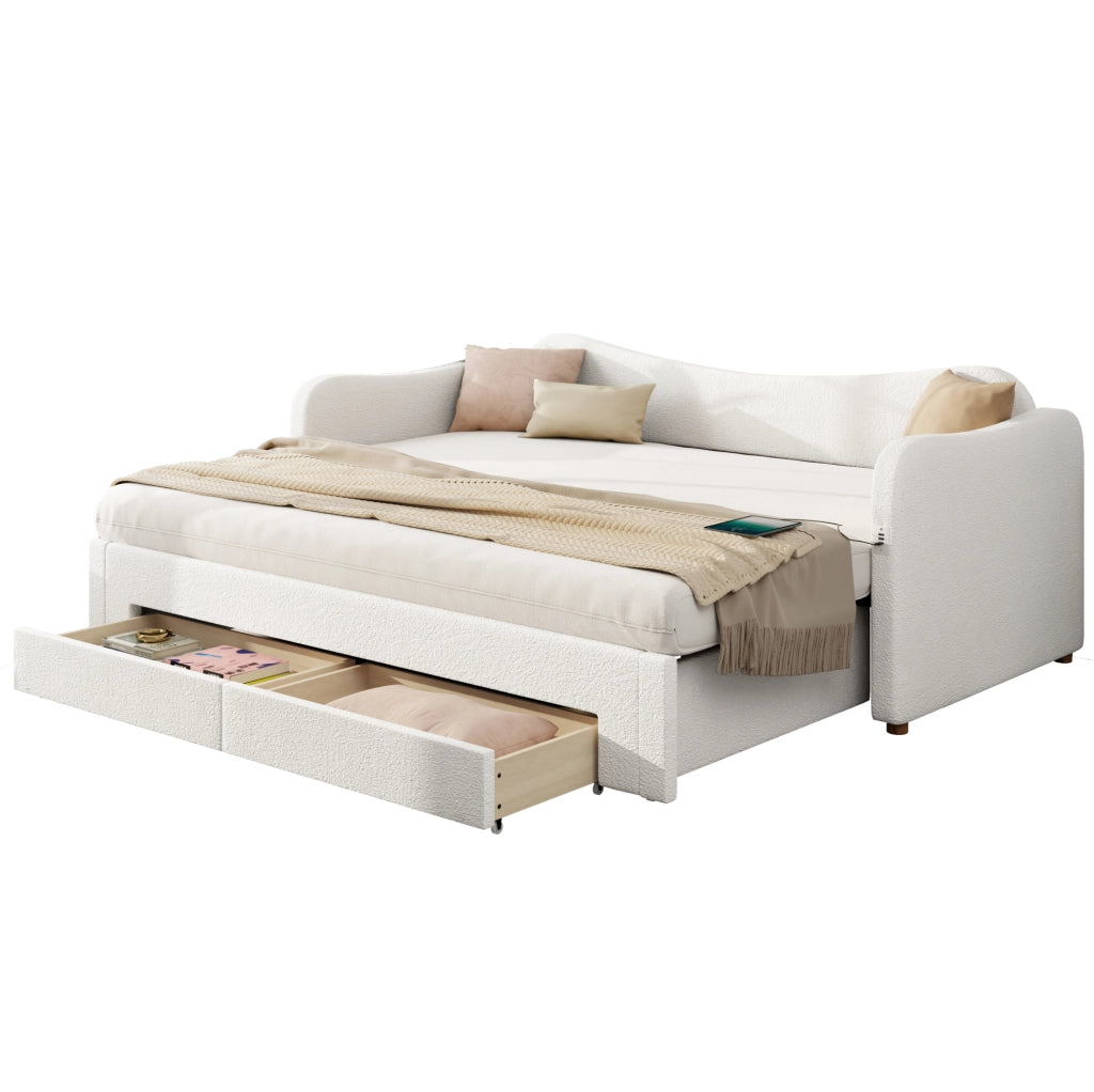 Letto imbottito estensibile con 2 cassetti, 90x200 cm, colore beige bouclé, con porta USB