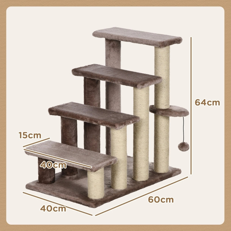 Scala per gatti con tiragraffi in corda di juta e pallina marrone in legno 60 × 40 × 64 cm