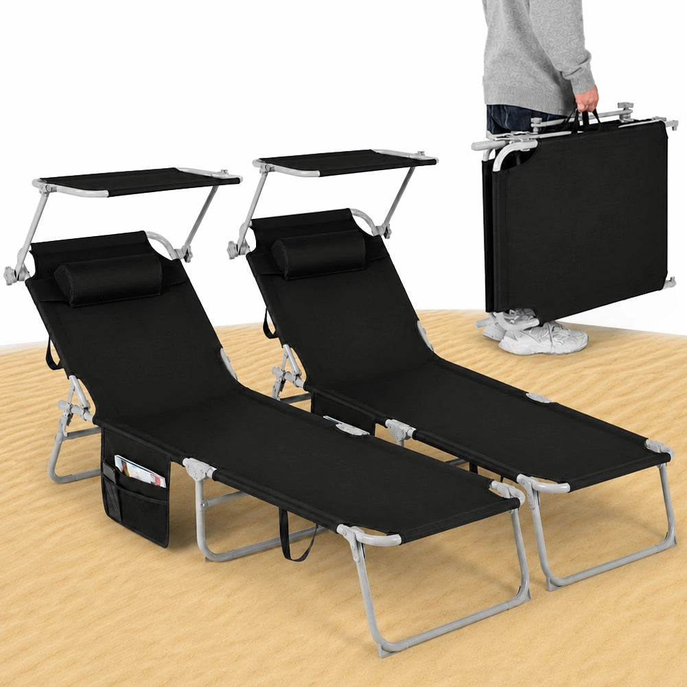 Set 2 Lettini Pieghevoli da Spiaggia Esterno Nero Sdraio da Mare con Parasole