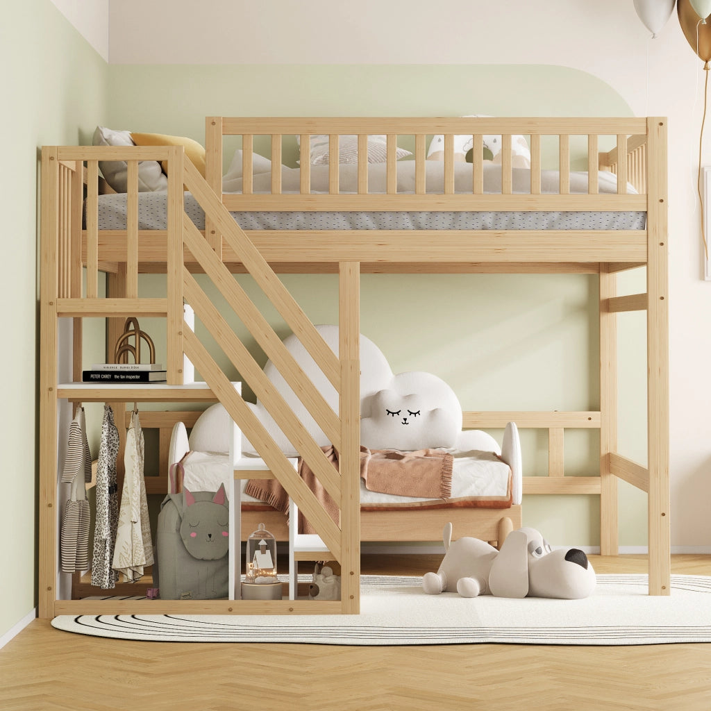 Letto a soppalco 140 × 200 cm con scala contenitore e barriera alta in legno colore naturale