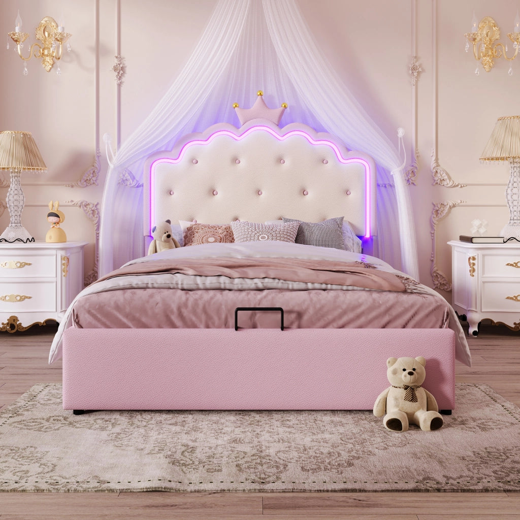 Letto Matrimoniale 140x200 cm; Letto con Contenitore; LED a Corona; in PU; Rosa