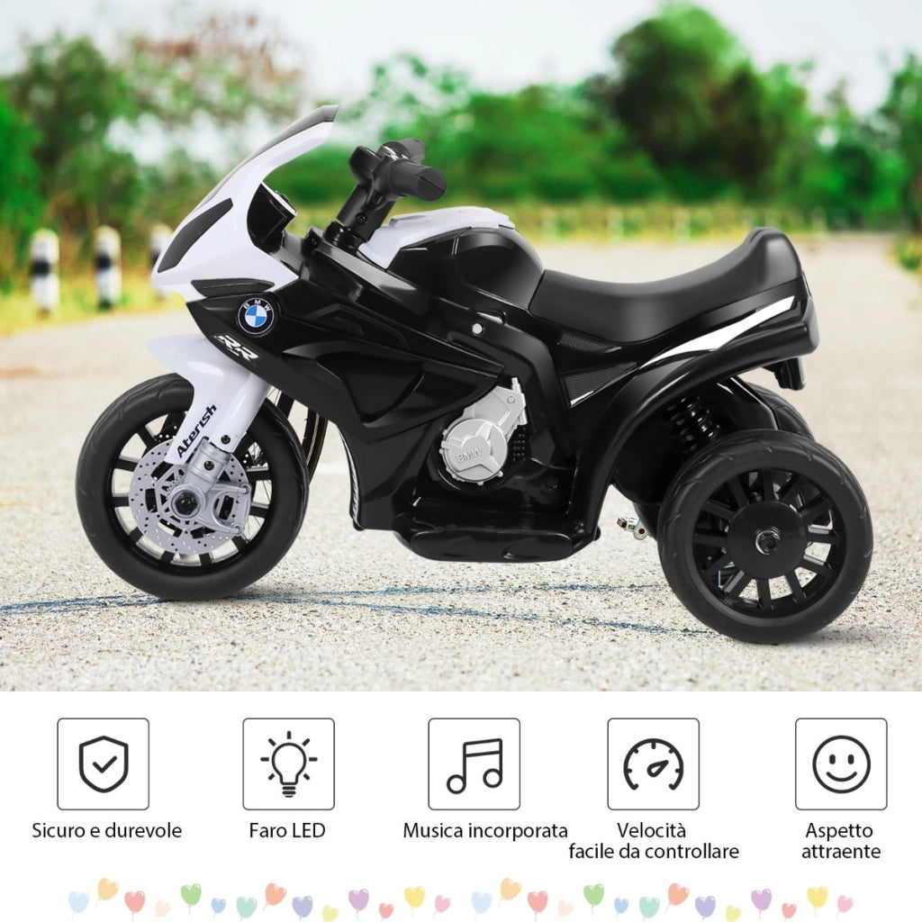 Moto cavalcabile alimentata a batteria 6 V per bambini, Motocicletta a 3 ruote con musica e aspetto carino Nero