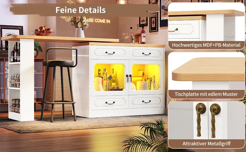 Tavolo Bar Allungabile con LED e Vano Portaoggetti, Girevole a 360°, Telescopico (135-203x39x92,8 cm), Isola Cucina Alta per Soggiorno, Camera da Letto, Bianco