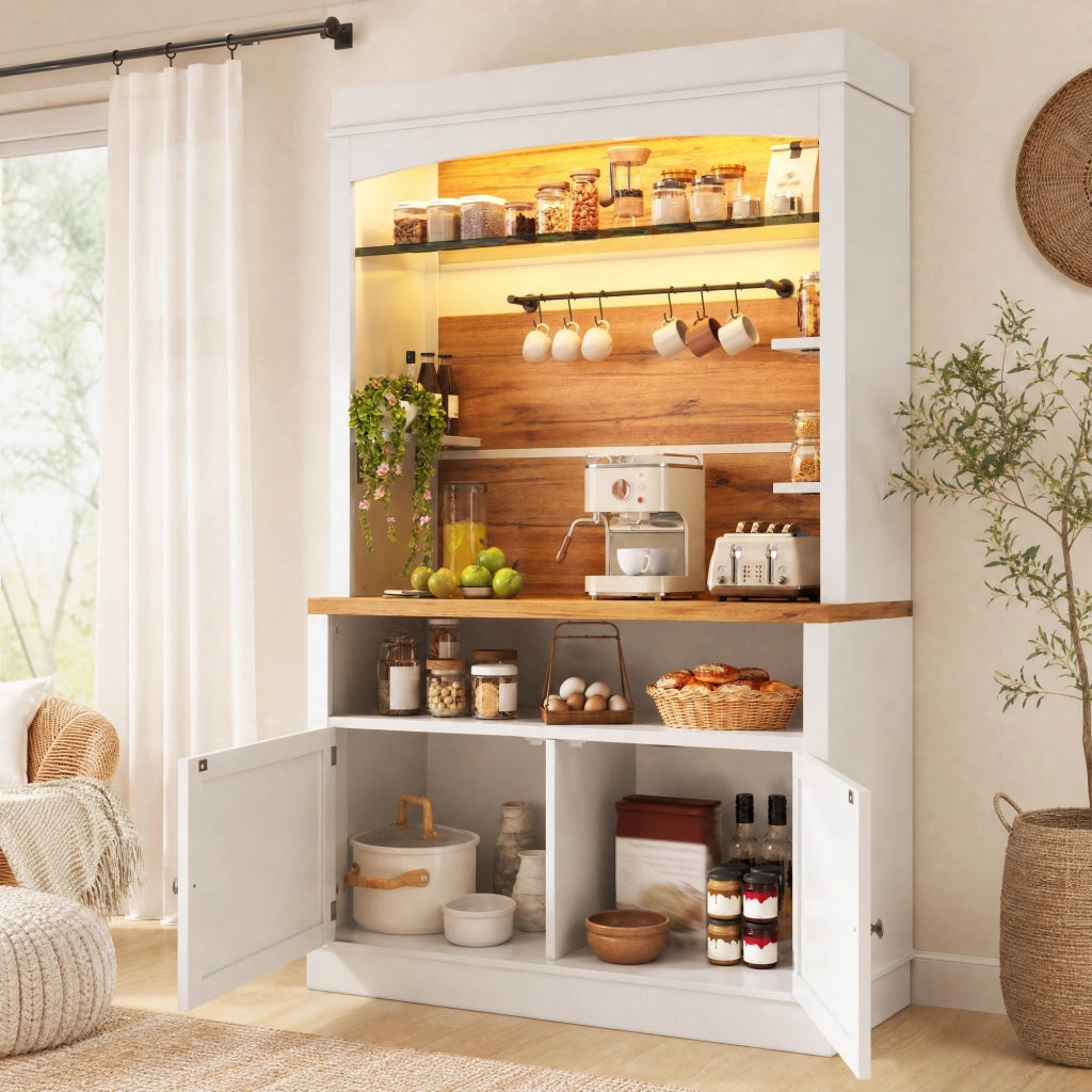 Credenza da cucina con LED RGB controllabili tramite app; ripiano in vetro; 6 ganci; MDF bianco; 107 × 34 × 184 cm