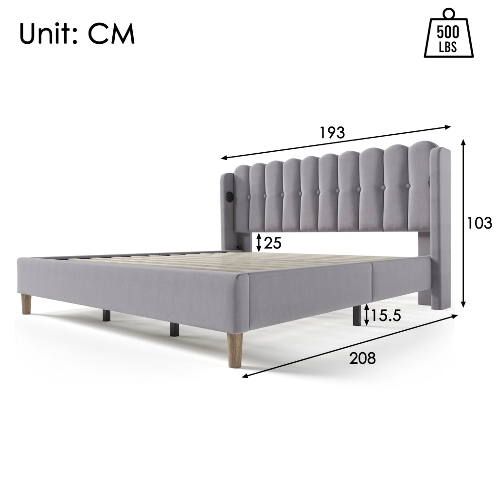 Letto matrimoniale imbottito 180 ¡Á 200 cm con testiera a pannello USB e Type-C in lino grigio con rete a doghe