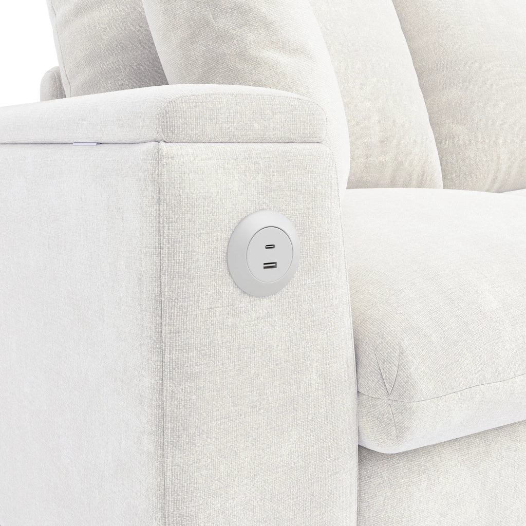 Divano letto angolare reversibile in ciniglia beige con tavolino; USB e Type-C