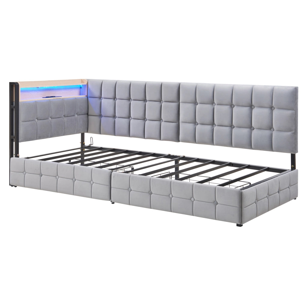 Divano letto imbottito 90x200 con 2 cassetti; LED; USB e Type-C; grigio