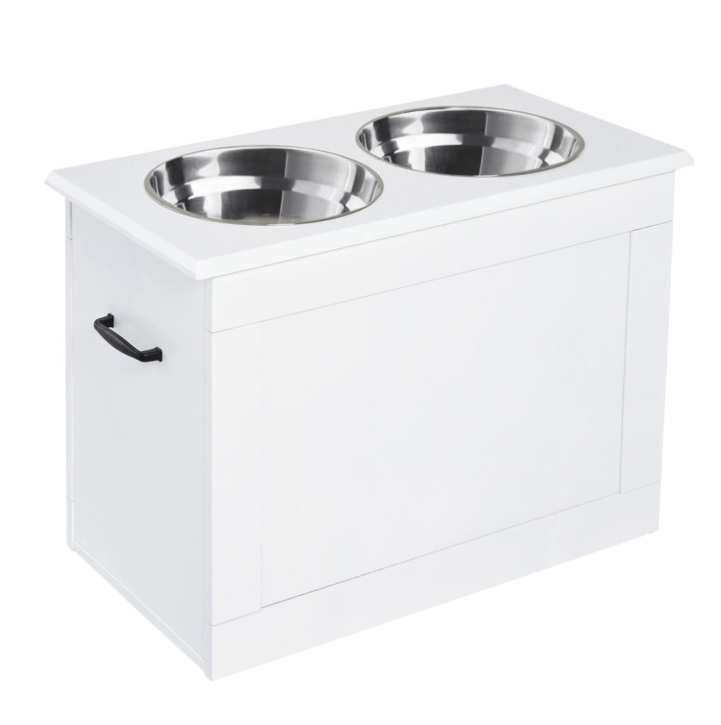 Stazione rialzata per ciotole 60x30x41 cm in MDF bianco con vano portaoggetti
