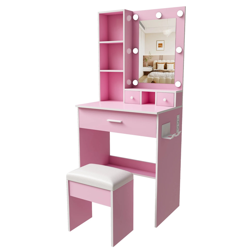 Set Trousse da Trucco ¨C Minimal ¨C Rosa, con Cassetti, Scaffale, LED Regolabile, Hocker Imbottito, 60x38x131.5 cm