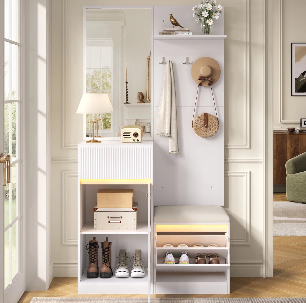 Guardaroba da ingresso 105x38x190 cm con scarpiera, specchio e LED in MDF bianco