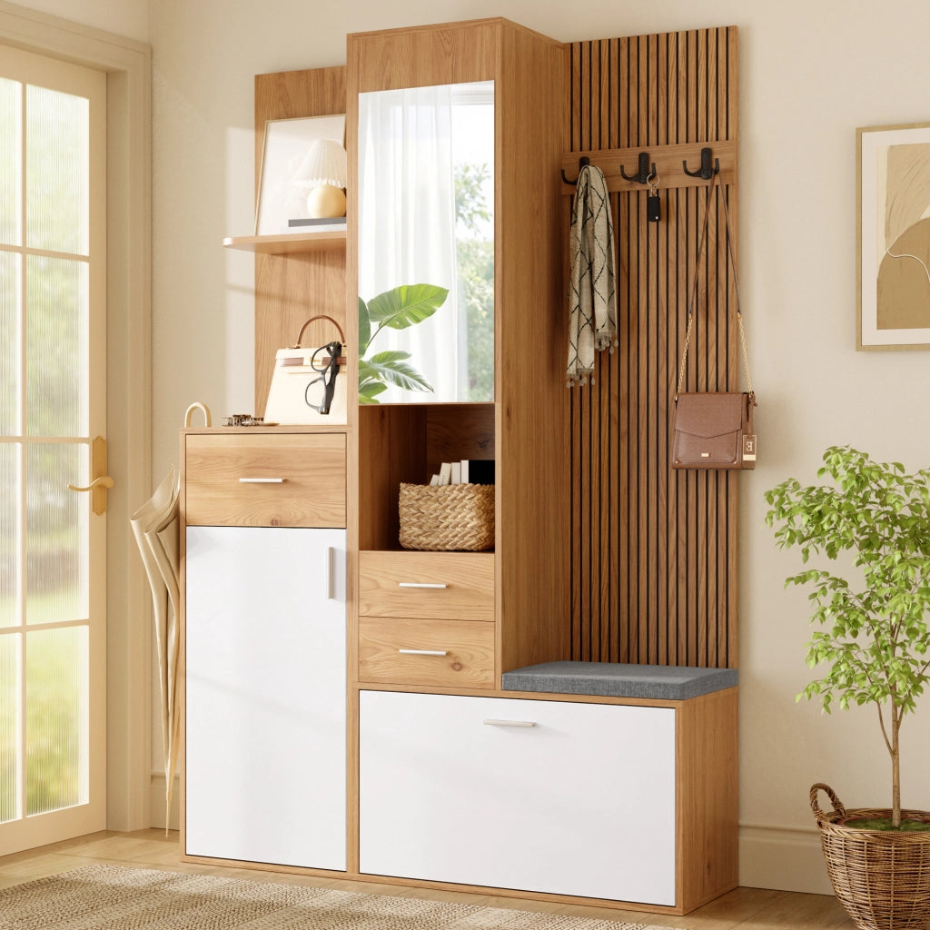 GARDEROBA MULTIFUNZIONE 120x32x178 cm Bianco e Naturale con specchio e LED
