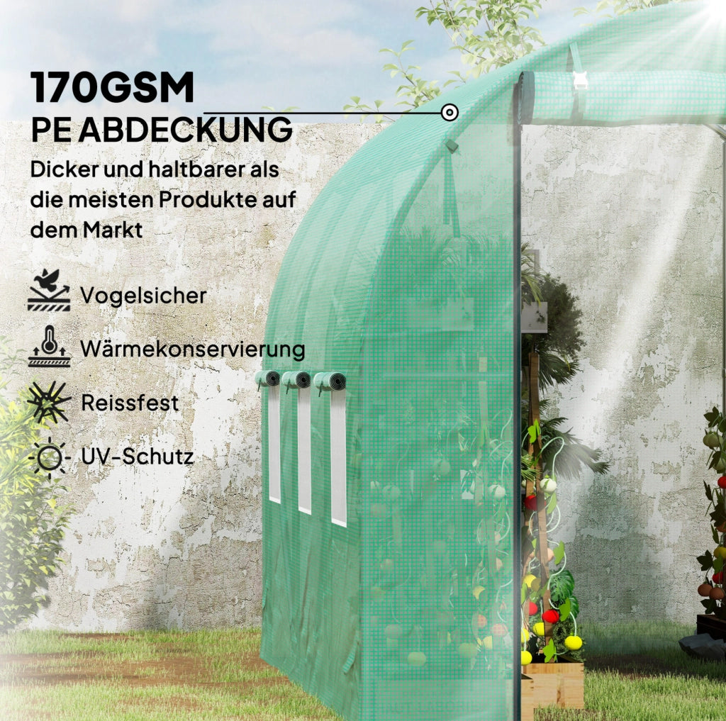 Serra a tunnel in plastica verde con porte e finestre avvolgibili