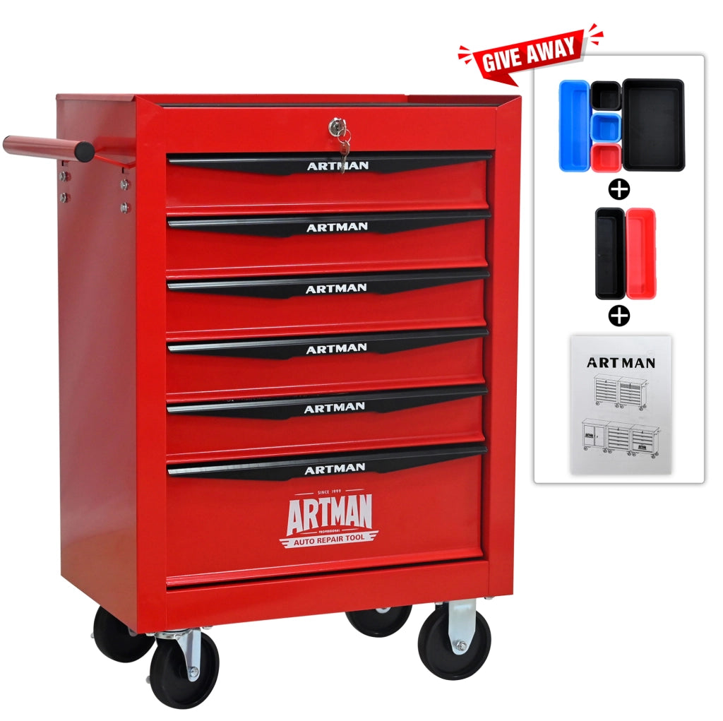 Carrello porta attrezzi in acciaio con 6 cassetti e ruote, 60x33x77,5 cm, rosso e nero