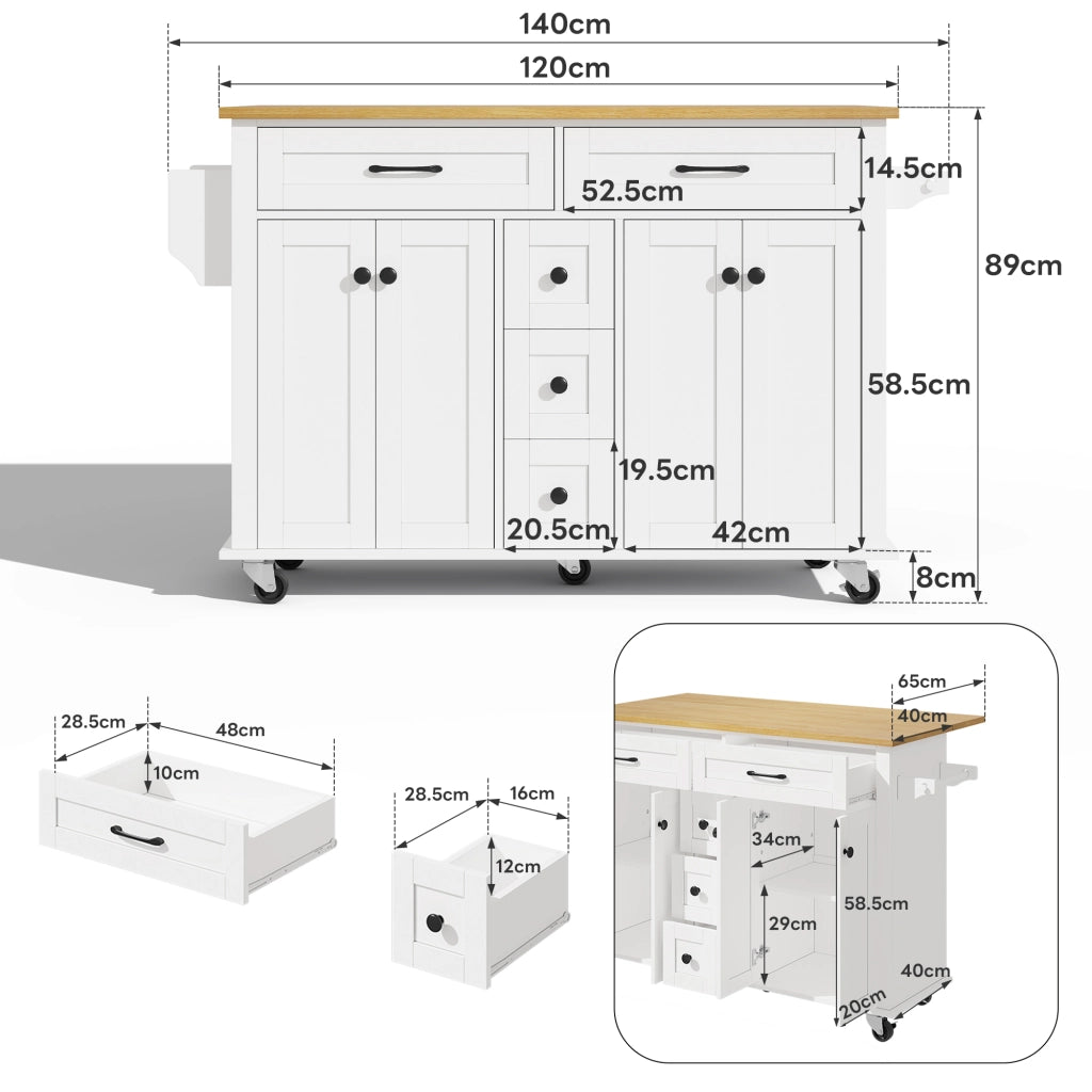 Isola cucina con piano di lavoro pieghevole 140 x 65 x 89 cm in MDF con 5 cassetti e ruote