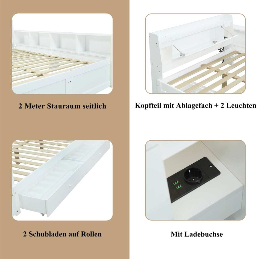 Letto matrimoniale 140x200 cm bianco in pino e MDF con testiera contenitore; luci e ricarica