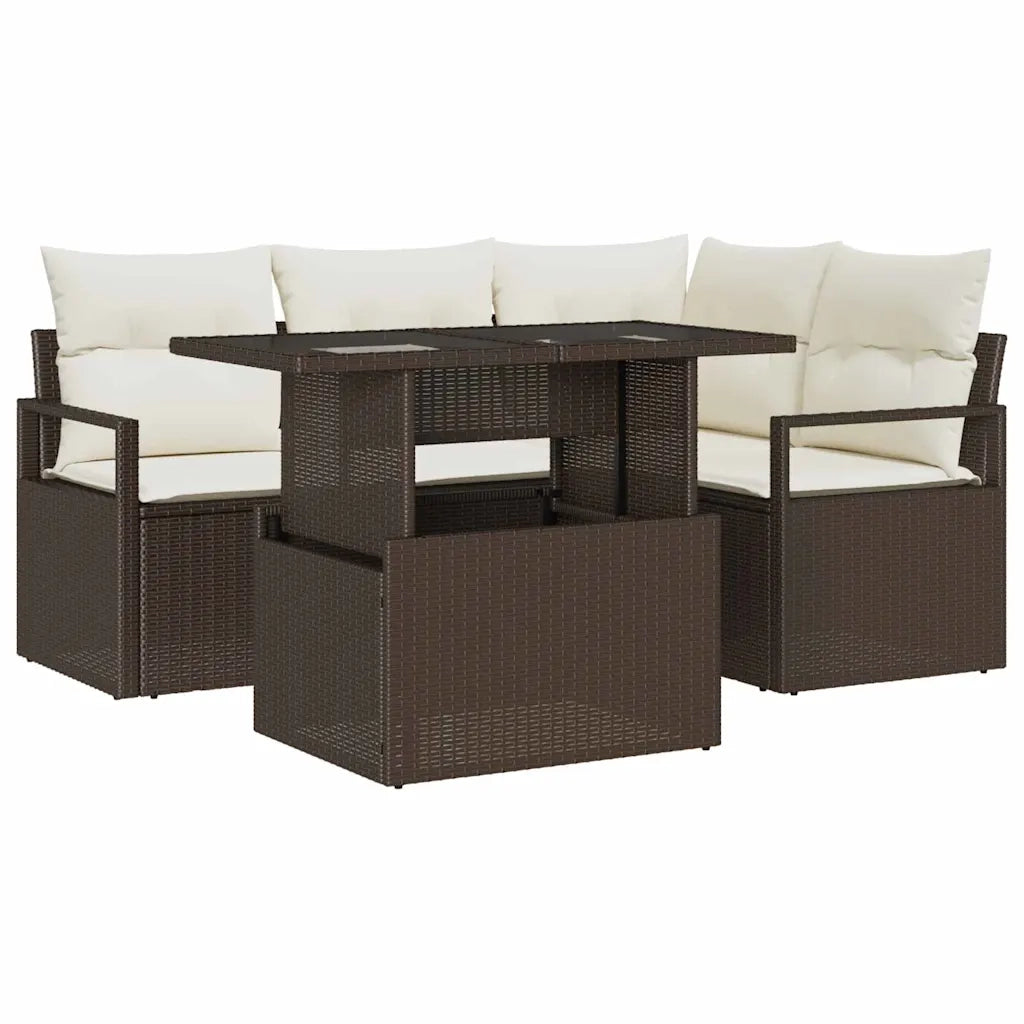 Set Divano da Giardino con cuscino 5 pcs Marrone Poly Rattan