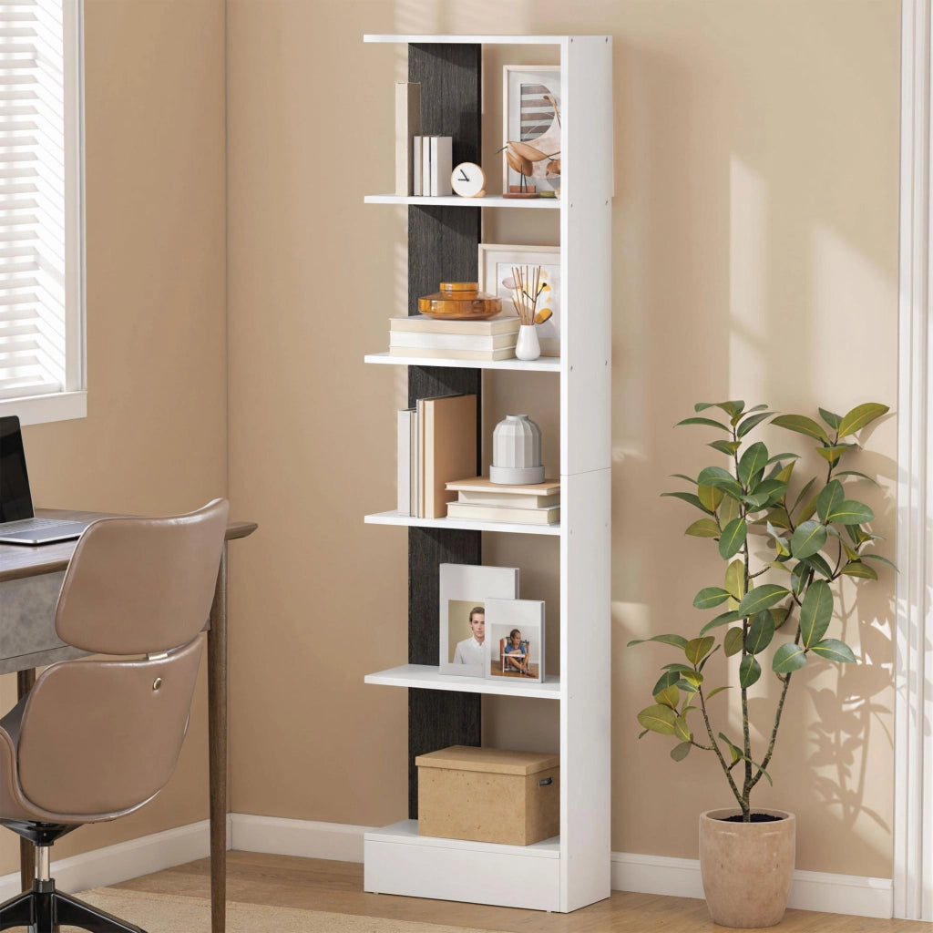 Libreria Moderna Salvaspazio a 5 Ripiani in Legno 45x21x170 cm, Bianco e Nero
