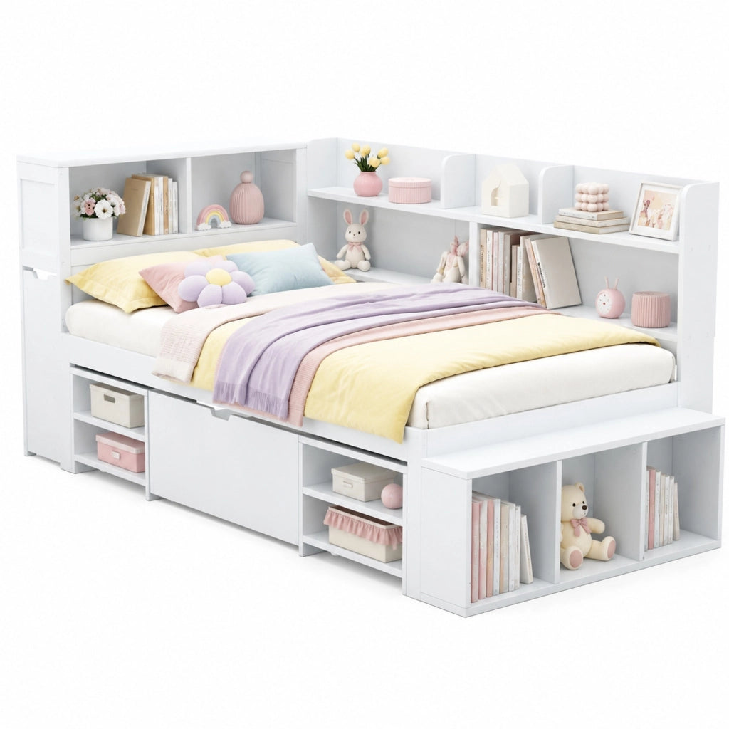 Letto con cassetti 90 × 200 cm con armadio e libreria in compensato bianco