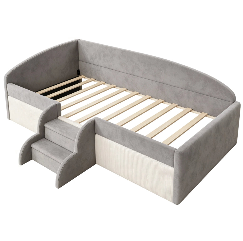 Letto imbottito per bambini 90x190 cm in tessuto vellutato anallergico con scale antiscivolo e protezioni laterali grigio