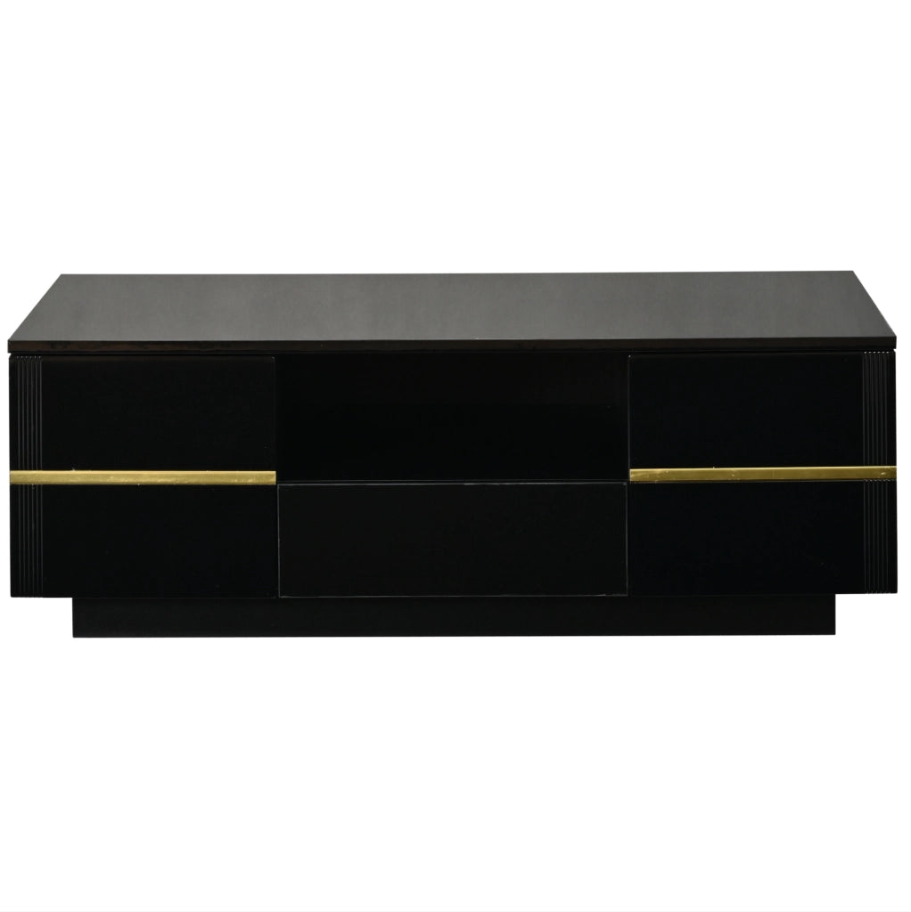 Tavolino da caffè moderno in MDF nero con LED, 100x50x35,5 cm, 2 ante, 1 cassetto, finiture dorate