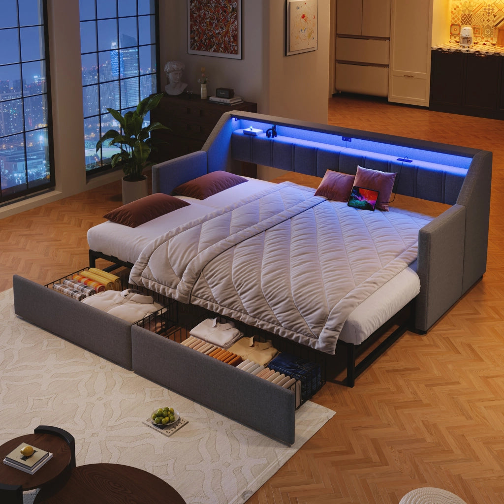 Letto estraibile 90x200 cm con USB, USB-C, LED, 2 cassetti e tasche in lino grigio