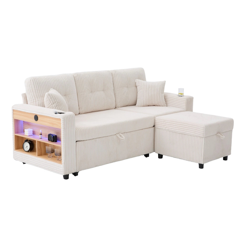 Divano letto in tessuto corduroy beige con contenitore; USB-C e luci LED; 196 cm