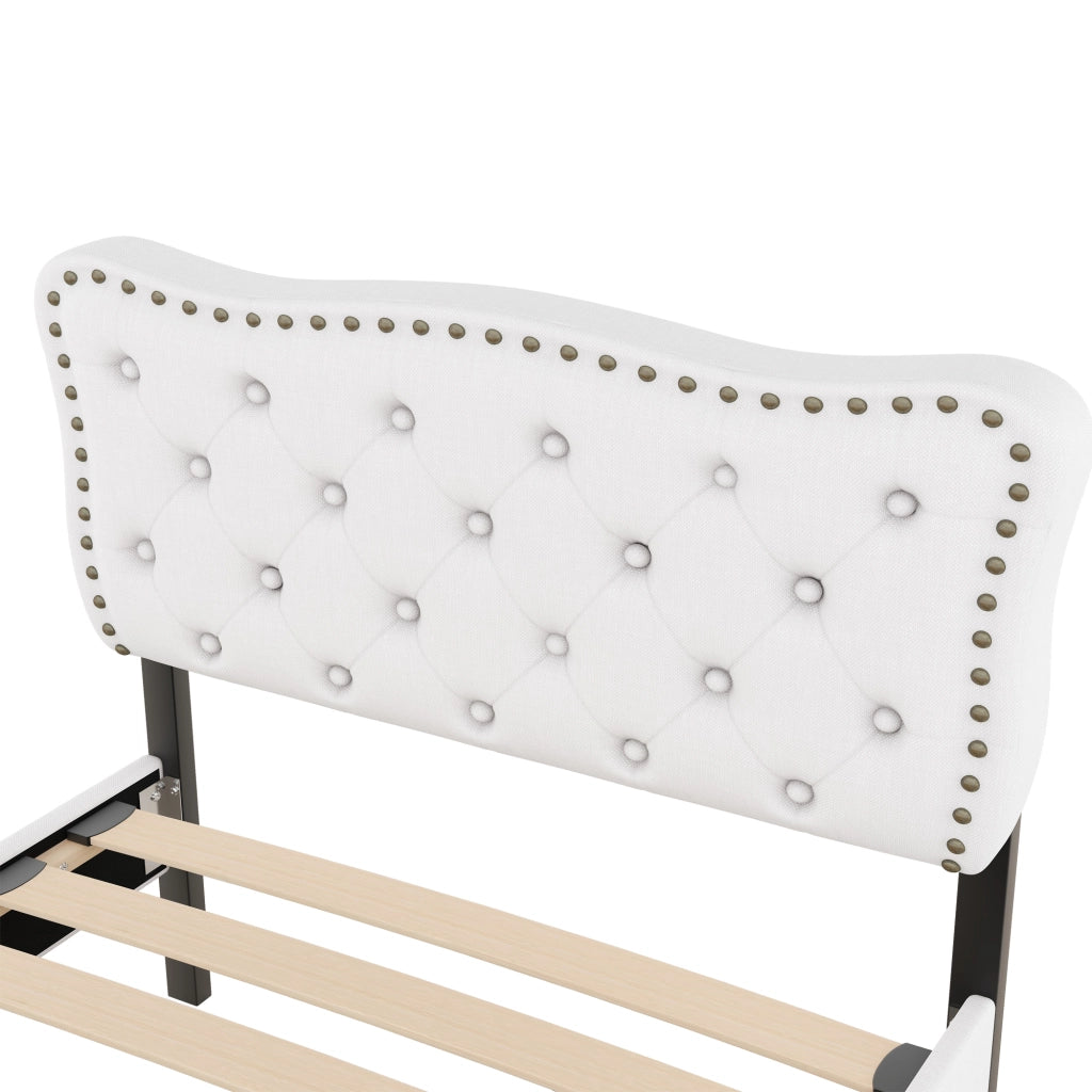 Letto con cassetti 90 × 200 cm imbottito in tessuto di lino MDF beige chiaro testiera regolabile con borchie decorative
