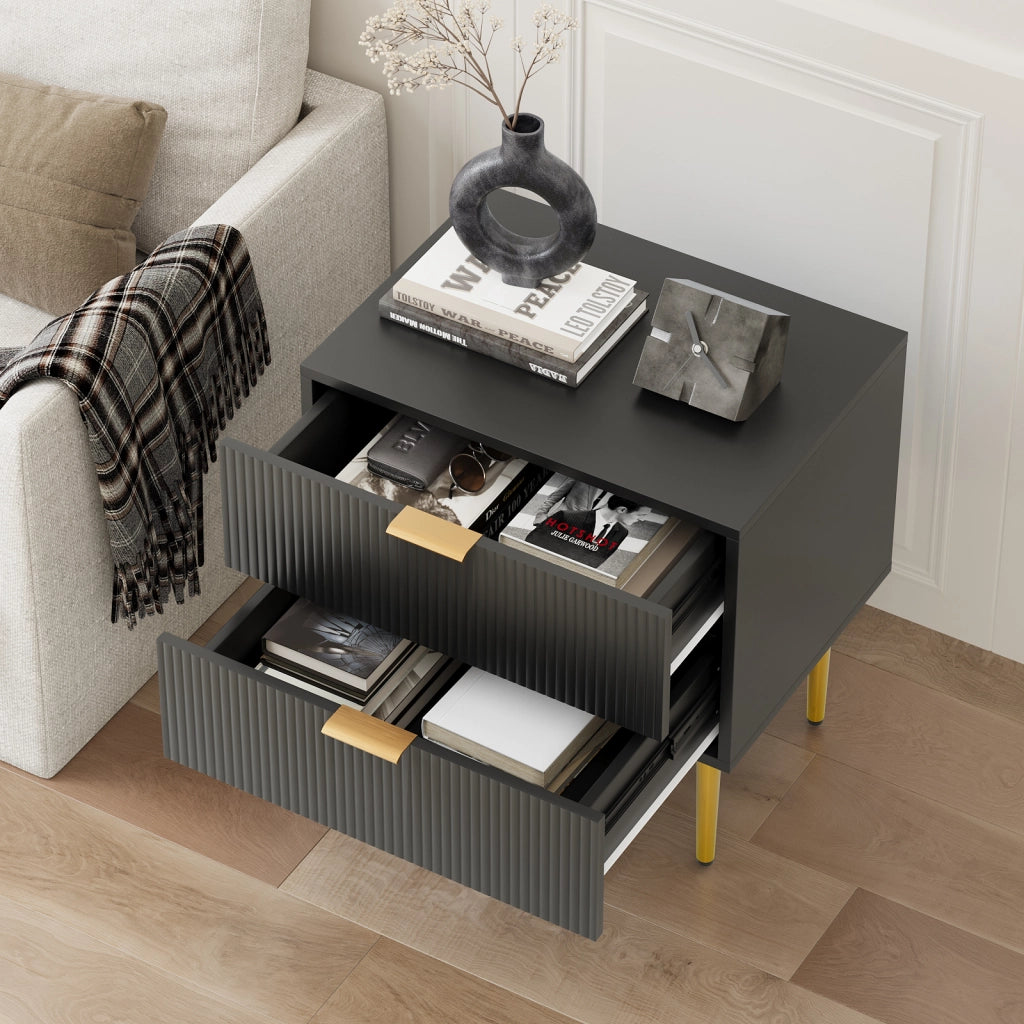 COMODINO Moderno con 2 cassetti Nero MDF e metallo