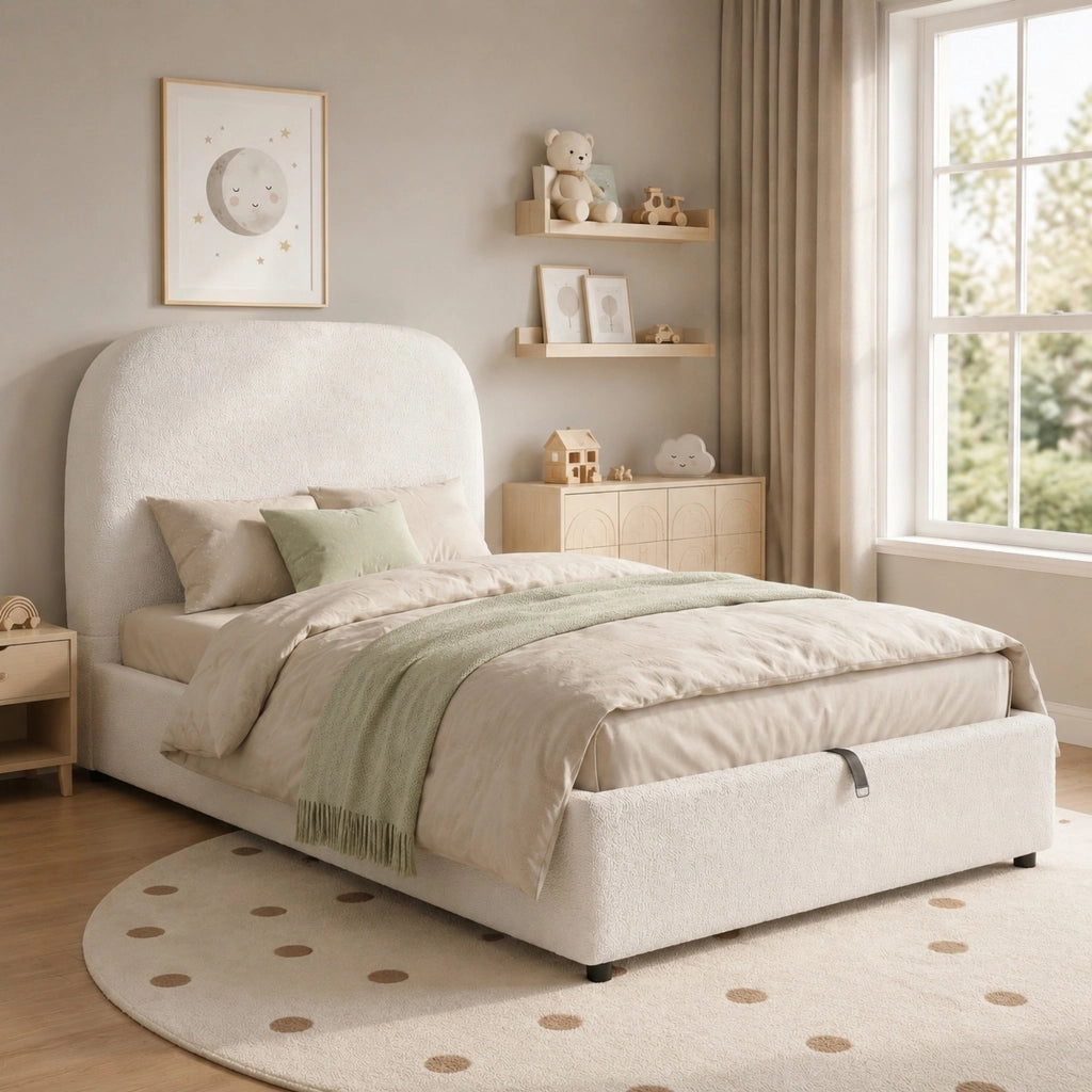 Letto singolo con contenitore 90 × 200 cm idraulico con rete a doghe testiera imbottita in bouclé beige