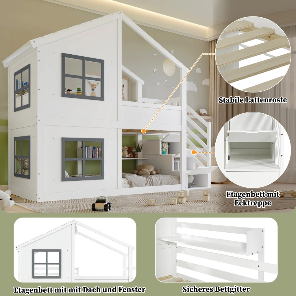 Letto a castello per bambini 90x200 cm bianco e grigio in pino e MDF con tetto; finestre e scala contenitore