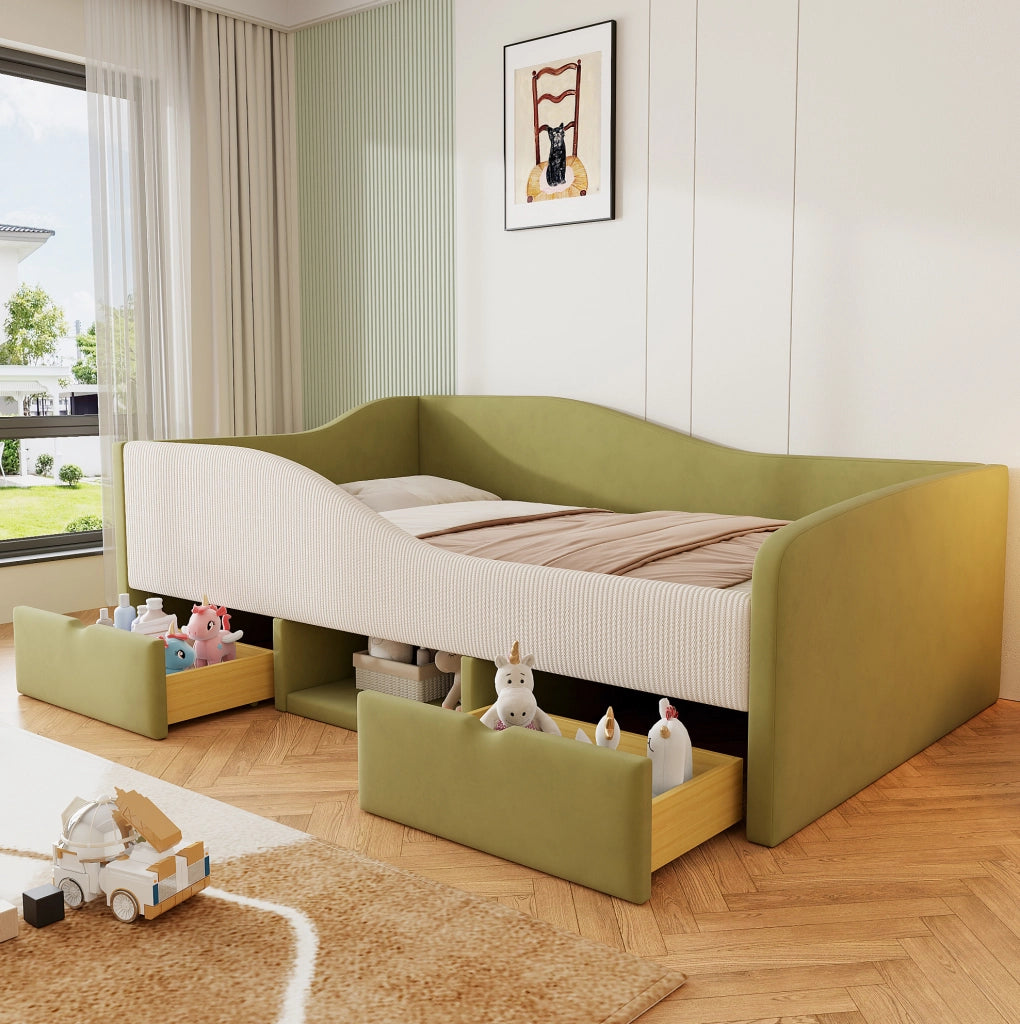 Divano letto imbottito 90x190 cm con 2 cassetti; velluto verde e avorio