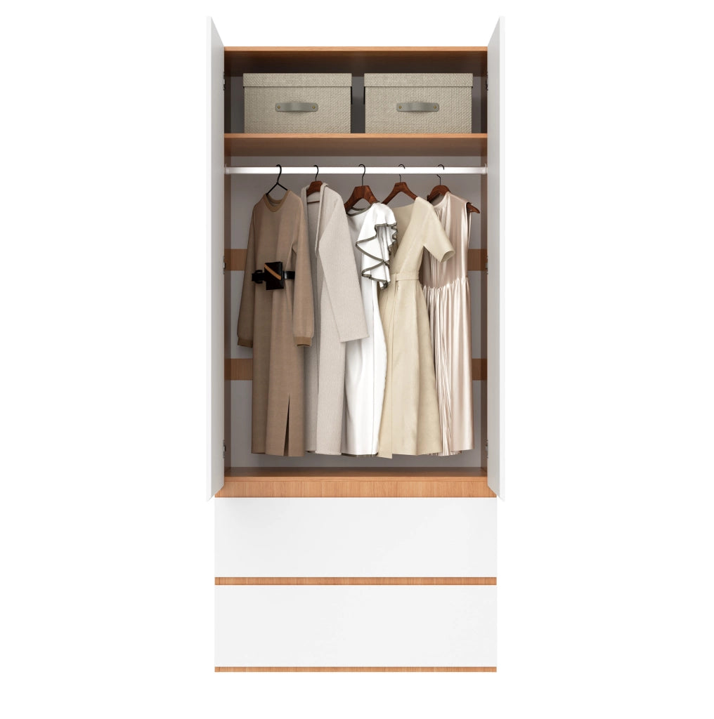 Armadio guardaroba con 2 ante, 2 cassetti, 1 barra appendiabiti, 90x50x200 cm, bianco con finiture rovere