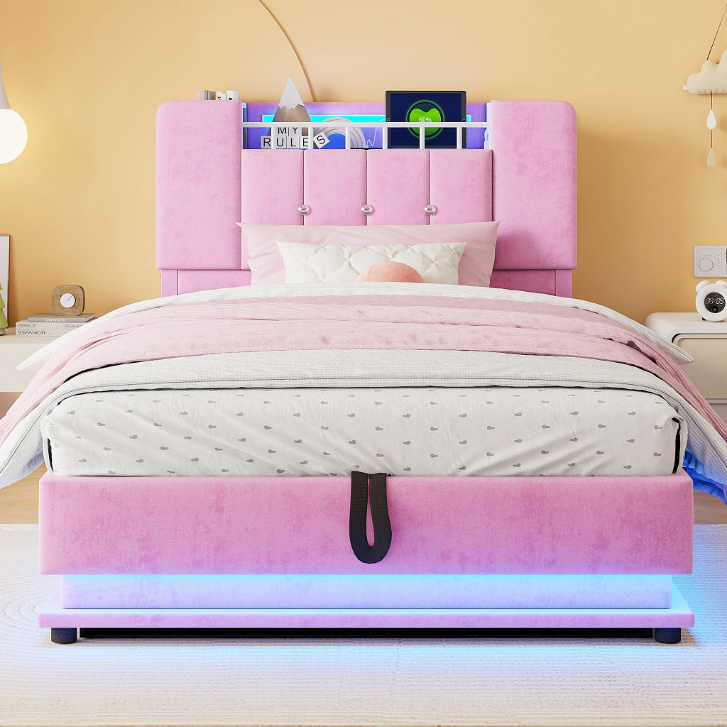 Letto imbottito per bambini 90x200 cm con LED, USB e contenitore, velluto rosa