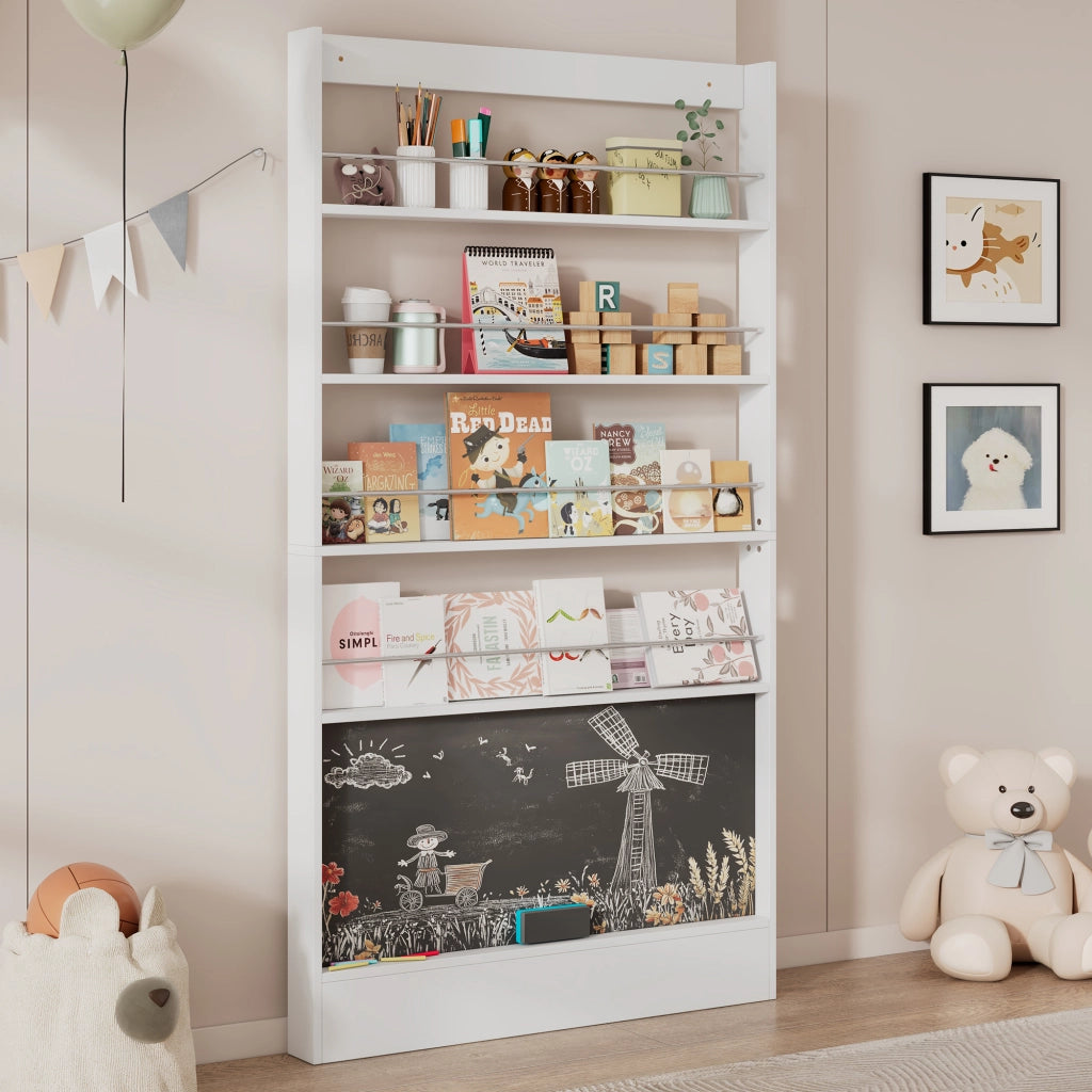 Desviae Scrivania lineare con libreria per bambini e adulti 5 cassetti 4 ripiani aperti lavagna colore bianco