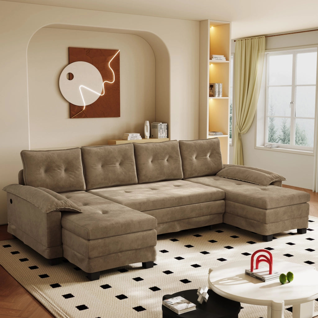 Divano letto modulare a U ULEVR 278x127 cm con letto estraibile, USB e cuscini bracciolo removibili, khaki