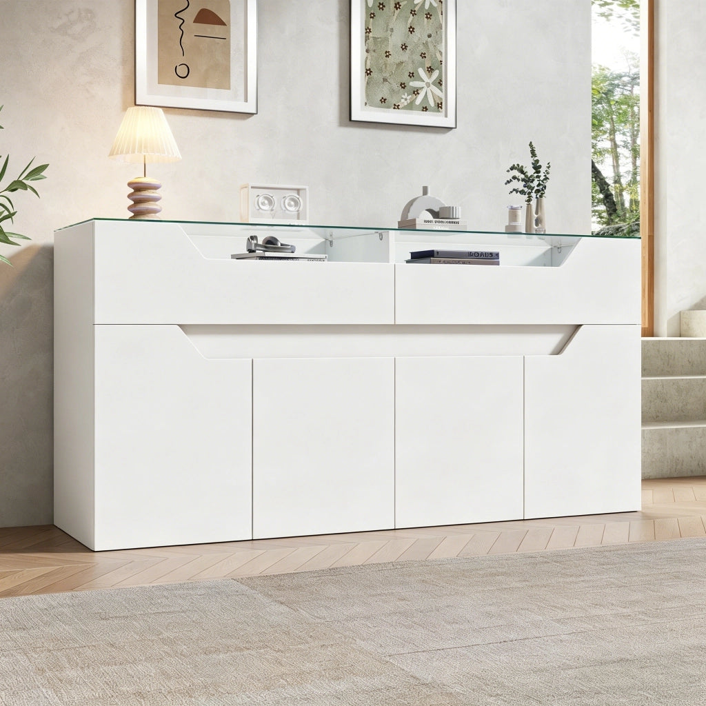 Madia con 2 cassetti e ante in MDF bianco; vetro temperato e illuminazione LED controllabile tramite app 140 × 40 × 70 cm