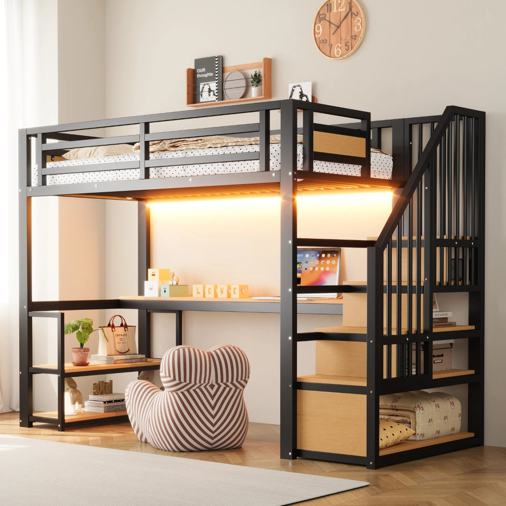 Letto a soppalco 90 × 200 cm con scrivania scaffali scala contenitore metallo e MDF nero con parapetto