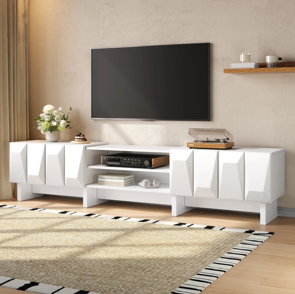 Mobile TV 180 cm in pannello truciolare bianco con 4 ante e vano aperto