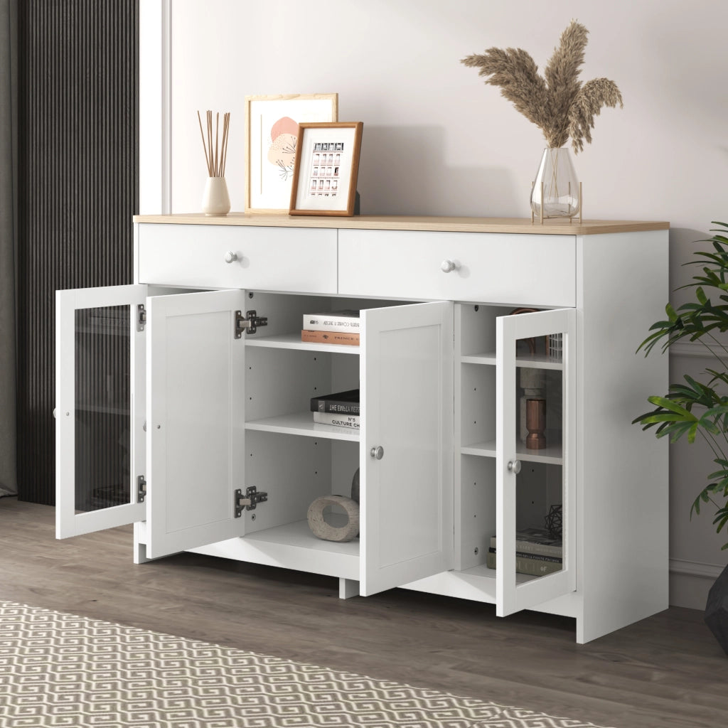 Credenza rustica 4 ante, 2 cassetti e ripiani regolabili per soggiorno, MDF bianco e legno, 120 × 37 × 80 cm