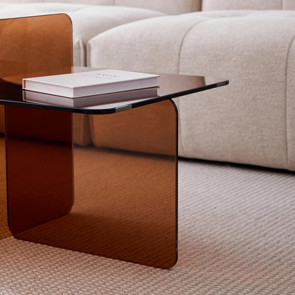 Tavolino laterale curvato in vetro temperato marrone per divano e esterni impermeabile 45 × 45 × 51 cm