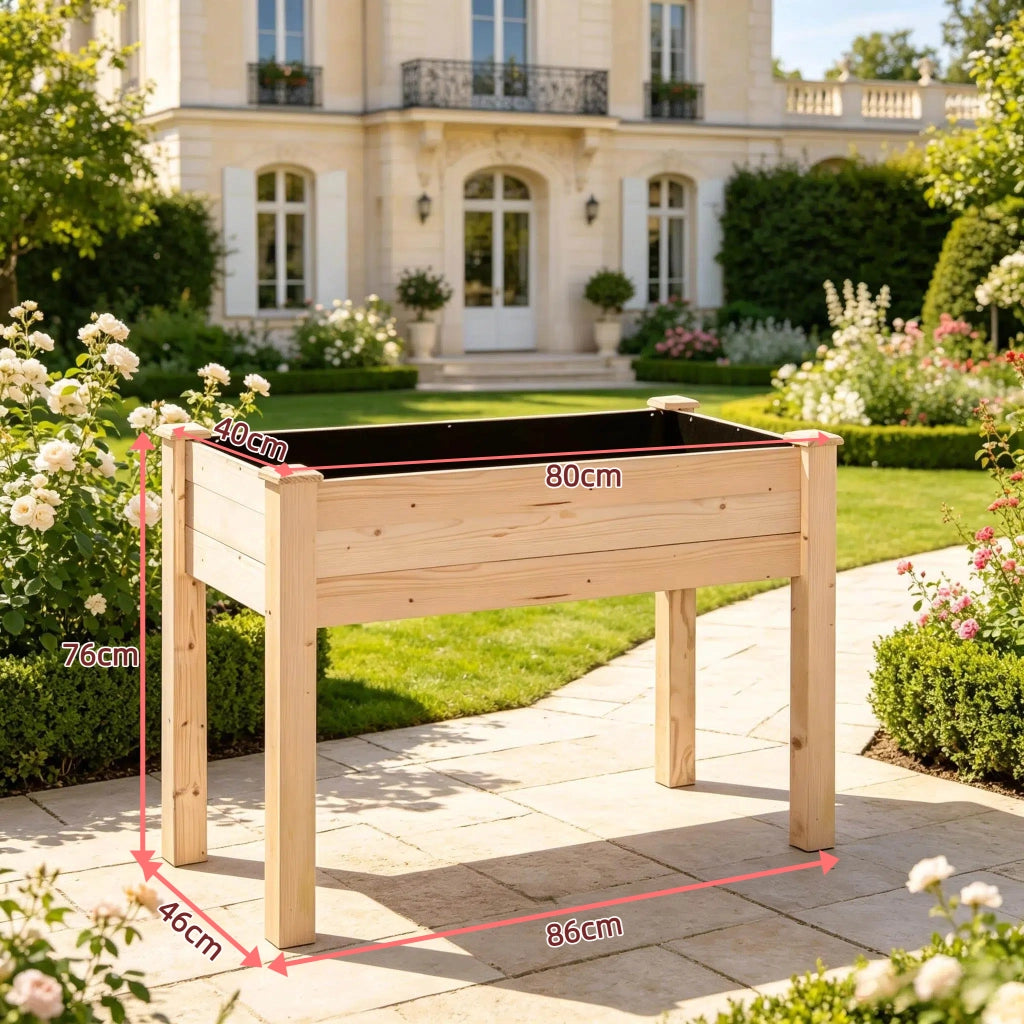 Fioriera rialzata in legno di abete con fodera in tessuto non tessuto e 4 fori di drenaggio 86 × 46 × 76 cm