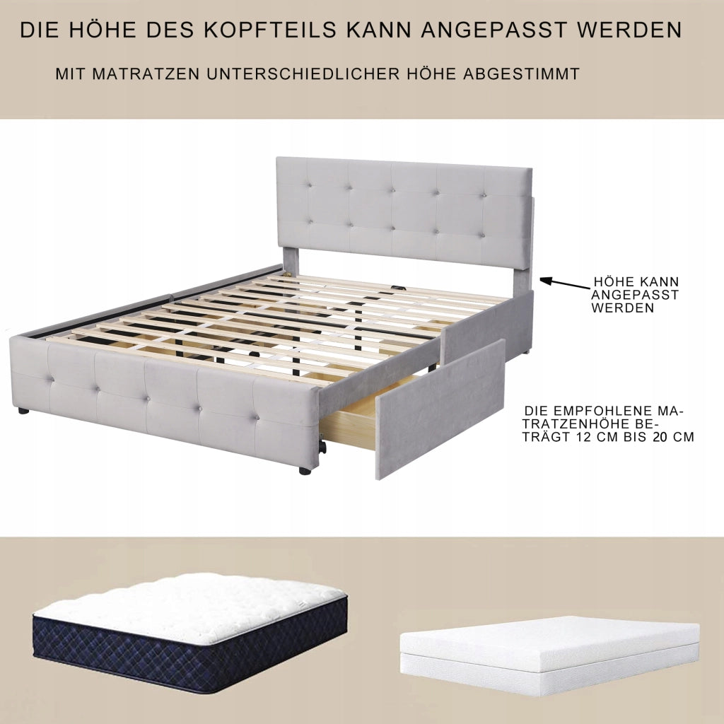 Letto imbottito 140x200 grigio con cassetti - Xylo