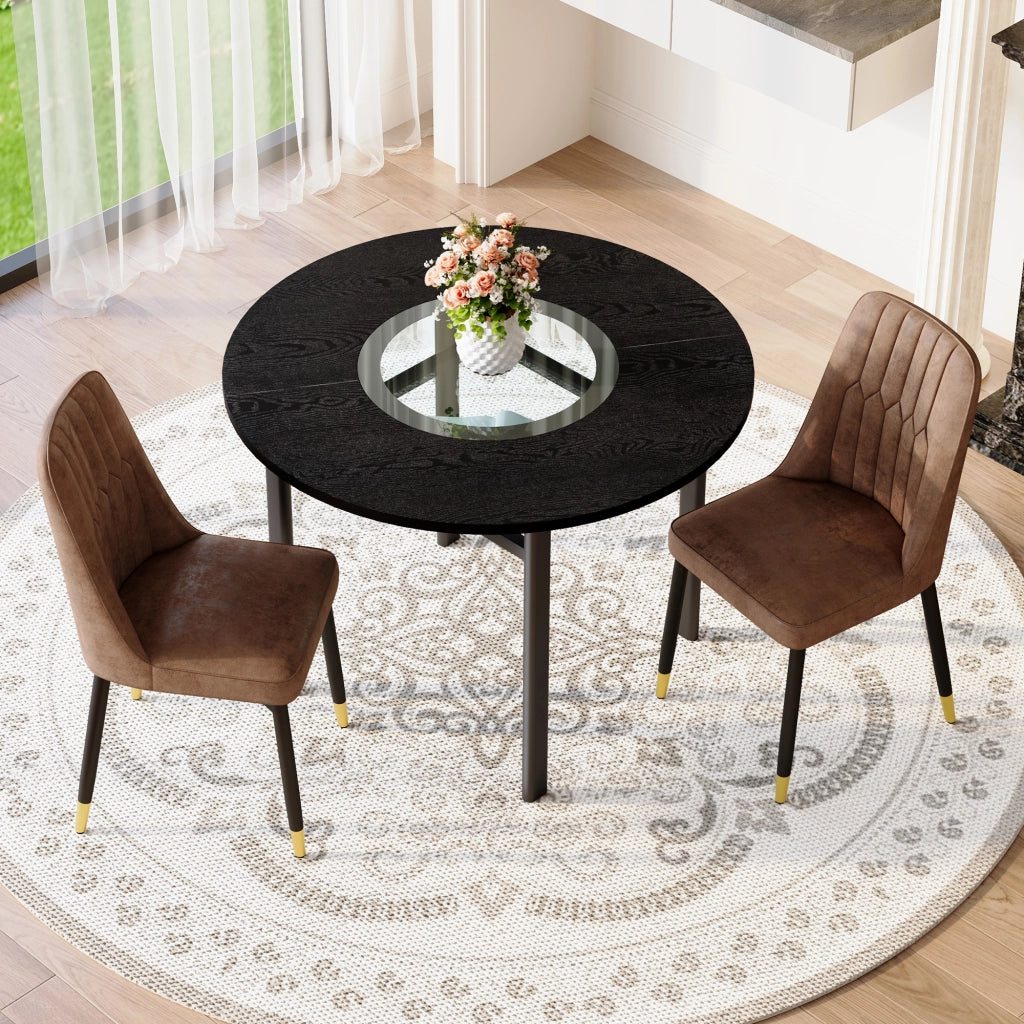 Set tavolo rotondo con 2 sedie marroni; piano MDF nero con inserto in vetro Ø 100 cm