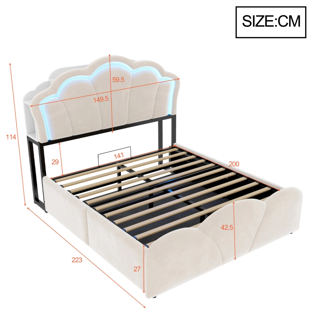Letto imbottito 140 × 200 cm con contenitore idraulico in velluto beige LED prese e vani nella testiera