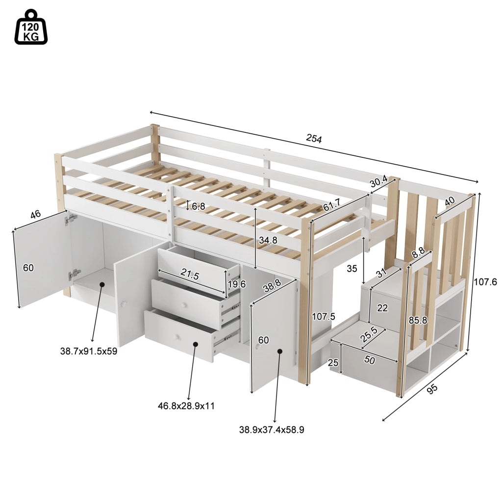 Letto a soppalco per bambini 90 × 200 cm con scala armadi cassetti barra appendiabiti bianco in MDF e legno