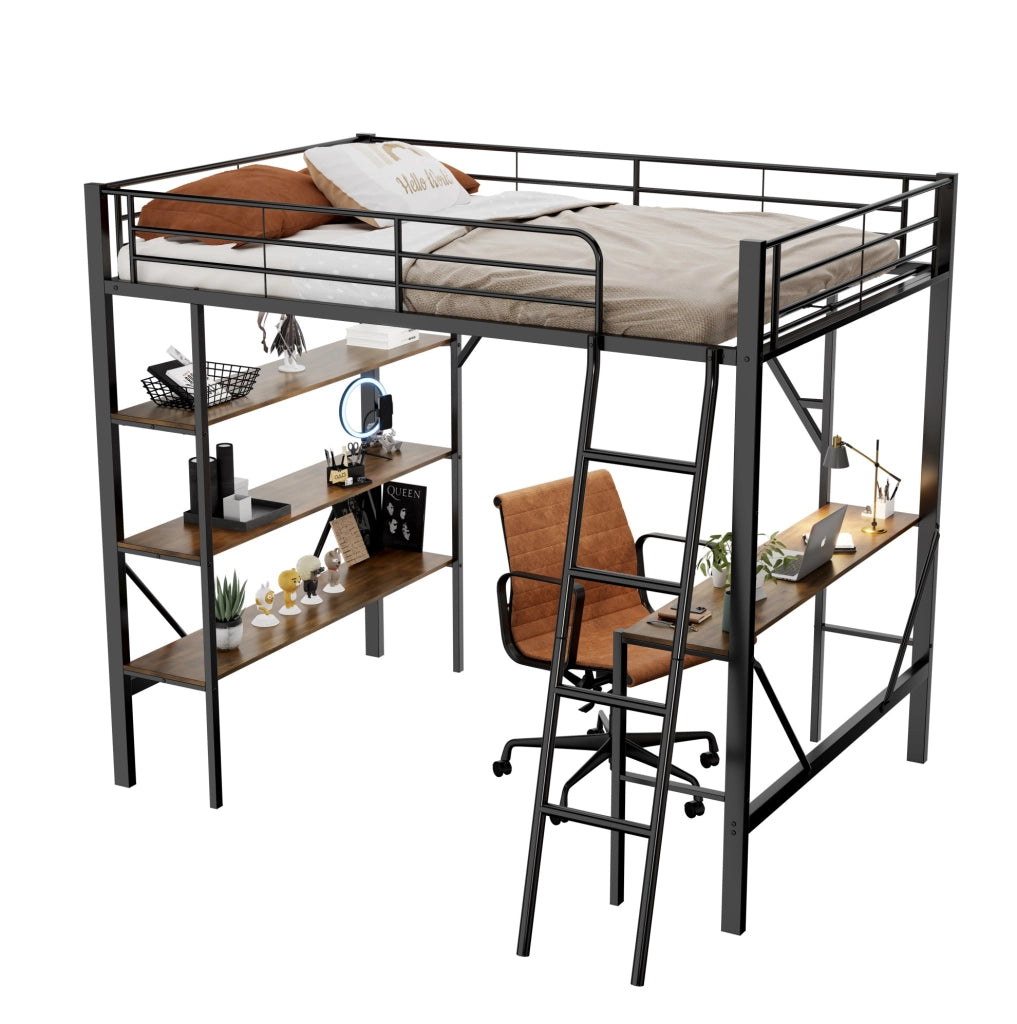 LETTO a soppalco 90x200 cm con scrivania e 3 ripiani, metallo nero