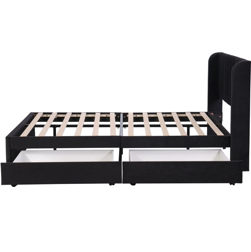 Letto matrimoniale 160x200 cm in velluto nero con testiera; doghe e 2 cassetti
