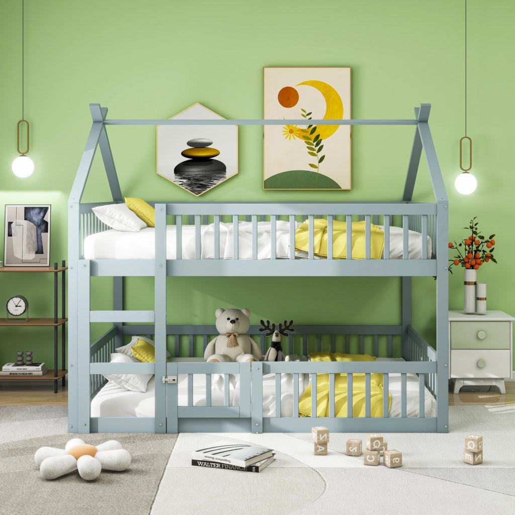 Letto a castello per bambini 140 × 200 cm con scala in legno grigio porta apribile e sponde alte