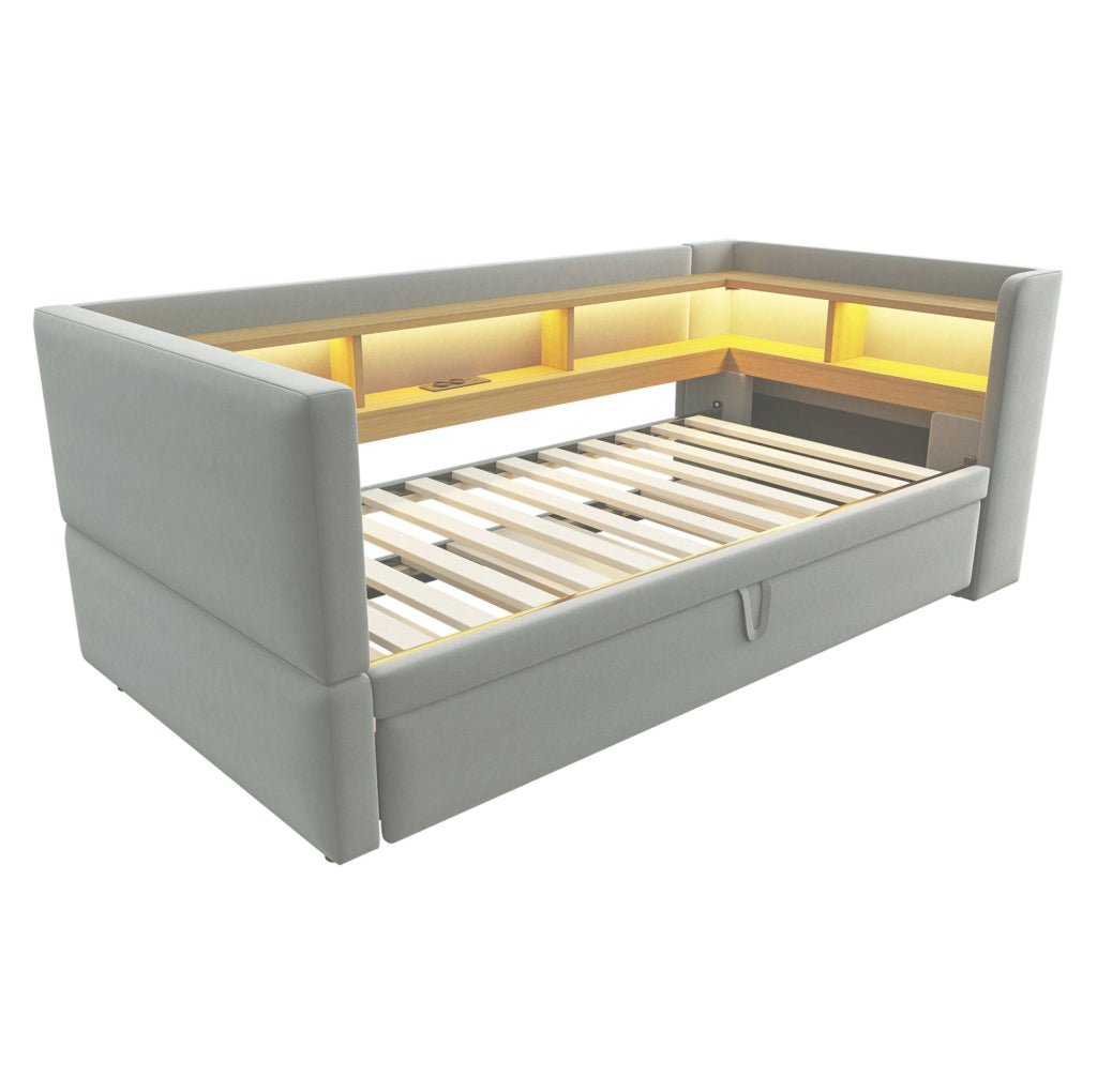 Divano letto estraibile 90/180x190 cm con LED, prese e vani in flanella grigio chiaro