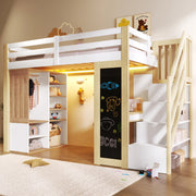 Letto a soppalco 90x200 cm con scrivania, armadio, LED e lavagna bianco e naturale
